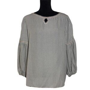 Max Studio Long Puff Sleeve Print Keyhole Top in White/Black - Sz M